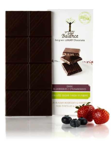 BALANCE - Tableta ciocolata neagra, afine si capsuni - 85g - cu stevia / produs in Belgia