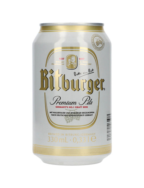 BITBURGER PREMIUM PILS - Bere blonda 4.8% alc. doza -  0.33l / bere pilsner Germania