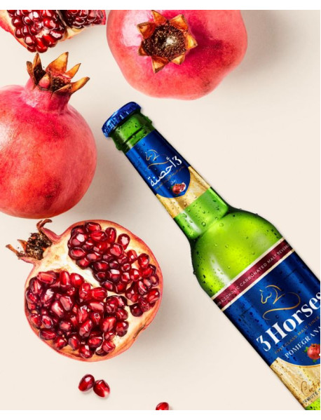 3 Horses - Bere fara alcool, cu aroma de rodii, certificata halal, sticla - 0.33l / bere Olanda