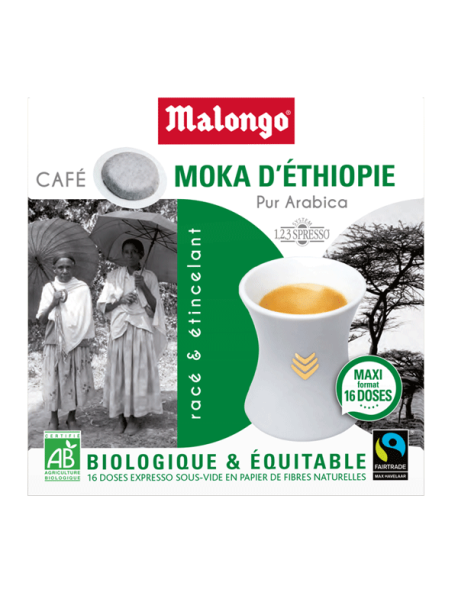 MALONGO - Cafea pastile BIO Moka Etiopia - pentru aparatele Oh Malongo si Rombouts - 16 pastile  / produs in Franta MALONGO - Cafea pastile BIO Moka Etiopia - pentru aparatele Oh Malongo si Rombouts - 16 pastile  / produs in Franta