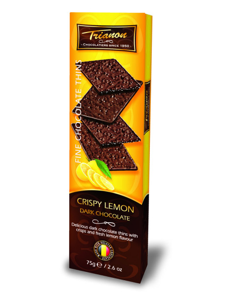 TRIANON - Foita crocanta de ciocolata neagra cu bucatele de zahar si gust de lamaie - 75g / produs in Olanda